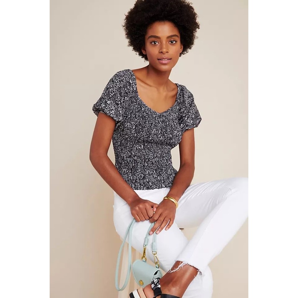 Anthropologie Aurelia Smocked Shirt Puff Short Sleeve‎ Black White Size Large